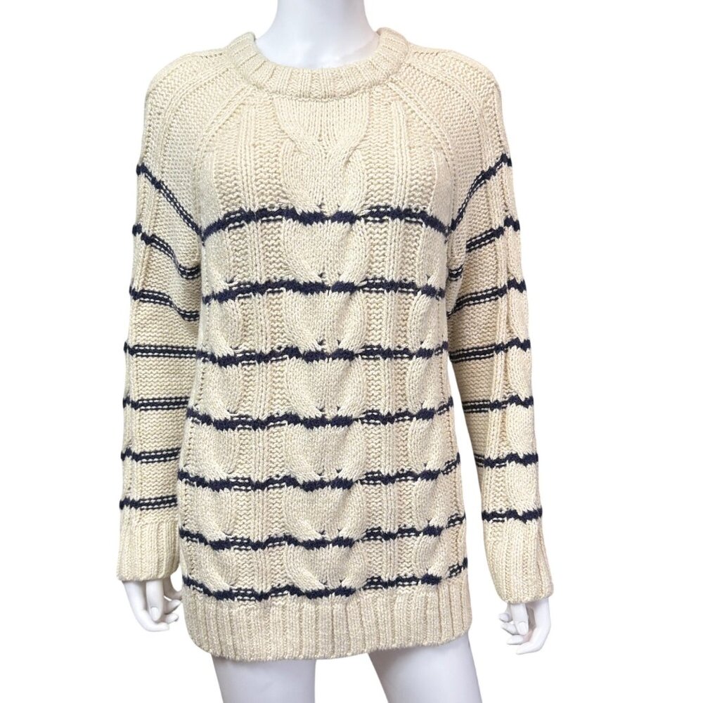 J.Jill Womens Ivory Navy Striped Cable Knit Sweater M Cotton Blend Long Sleeve